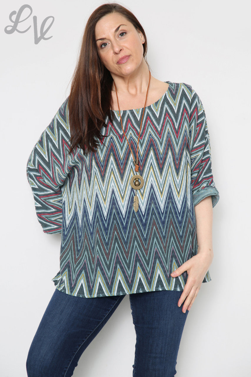 Ladies Zig Zag Print Top With Necklace Khaki Unit Price £8.99