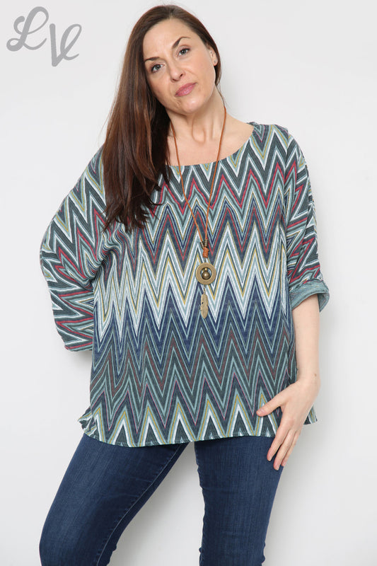 Ladies Zig Zag Print Top With Necklace Khaki Unit Price £8.99