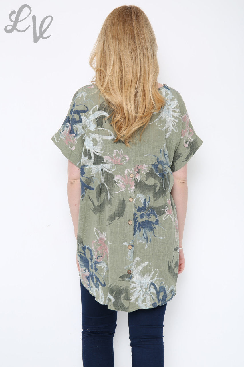 Dames top met abstracte bloemenprint Khaki