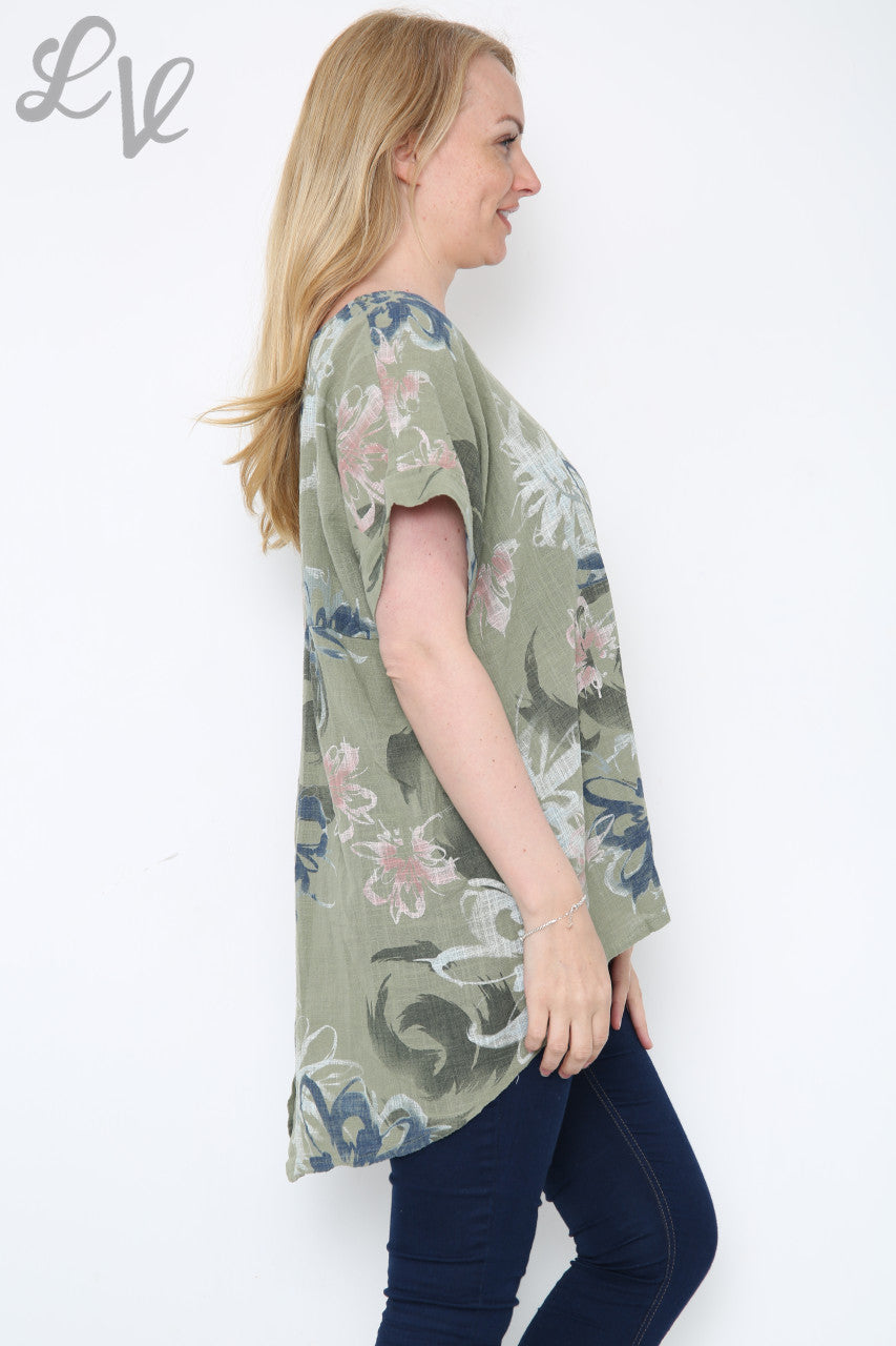 Dames top met abstracte bloemenprint Khaki