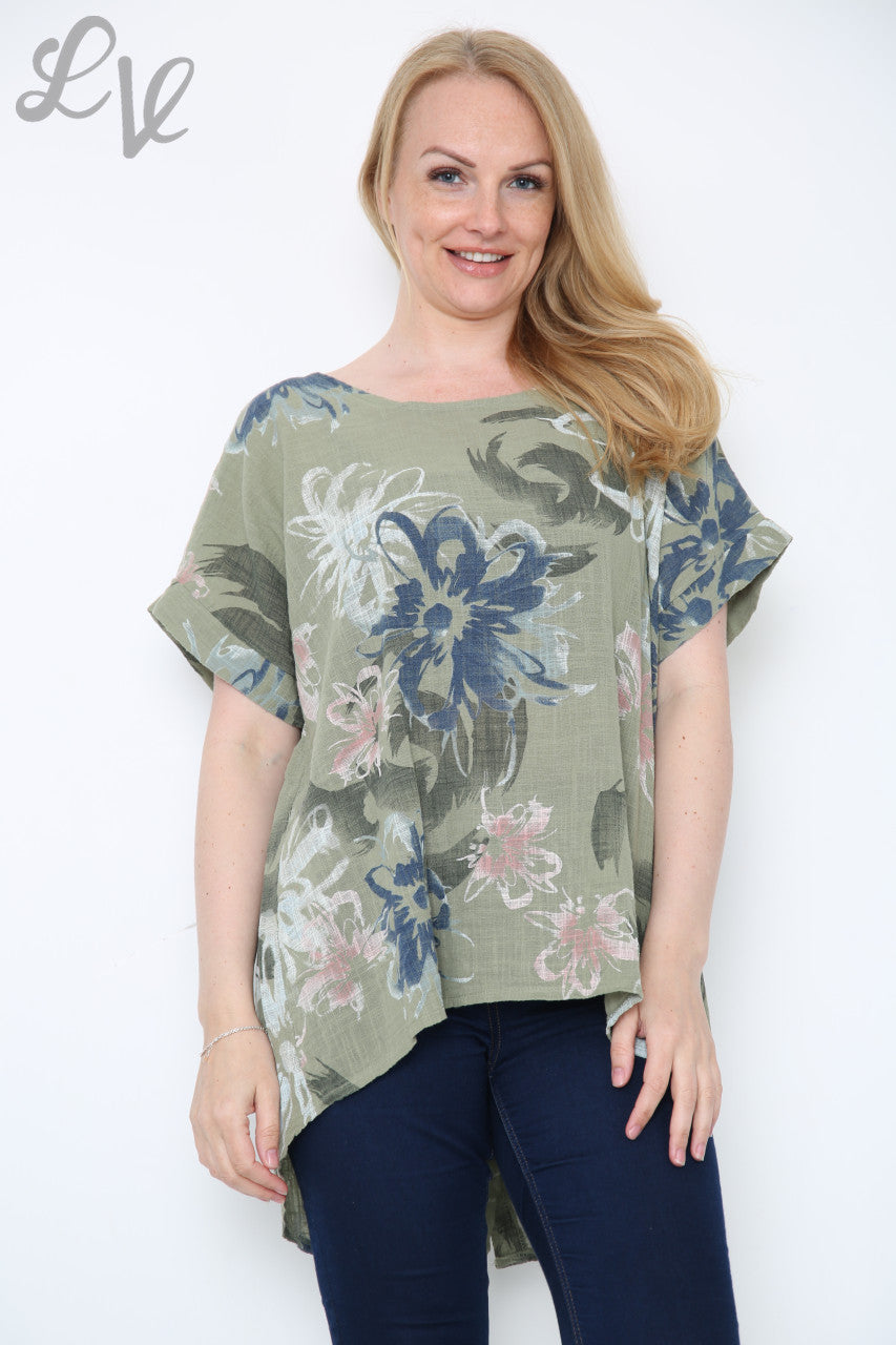 Dames top met abstracte bloemenprint Khaki