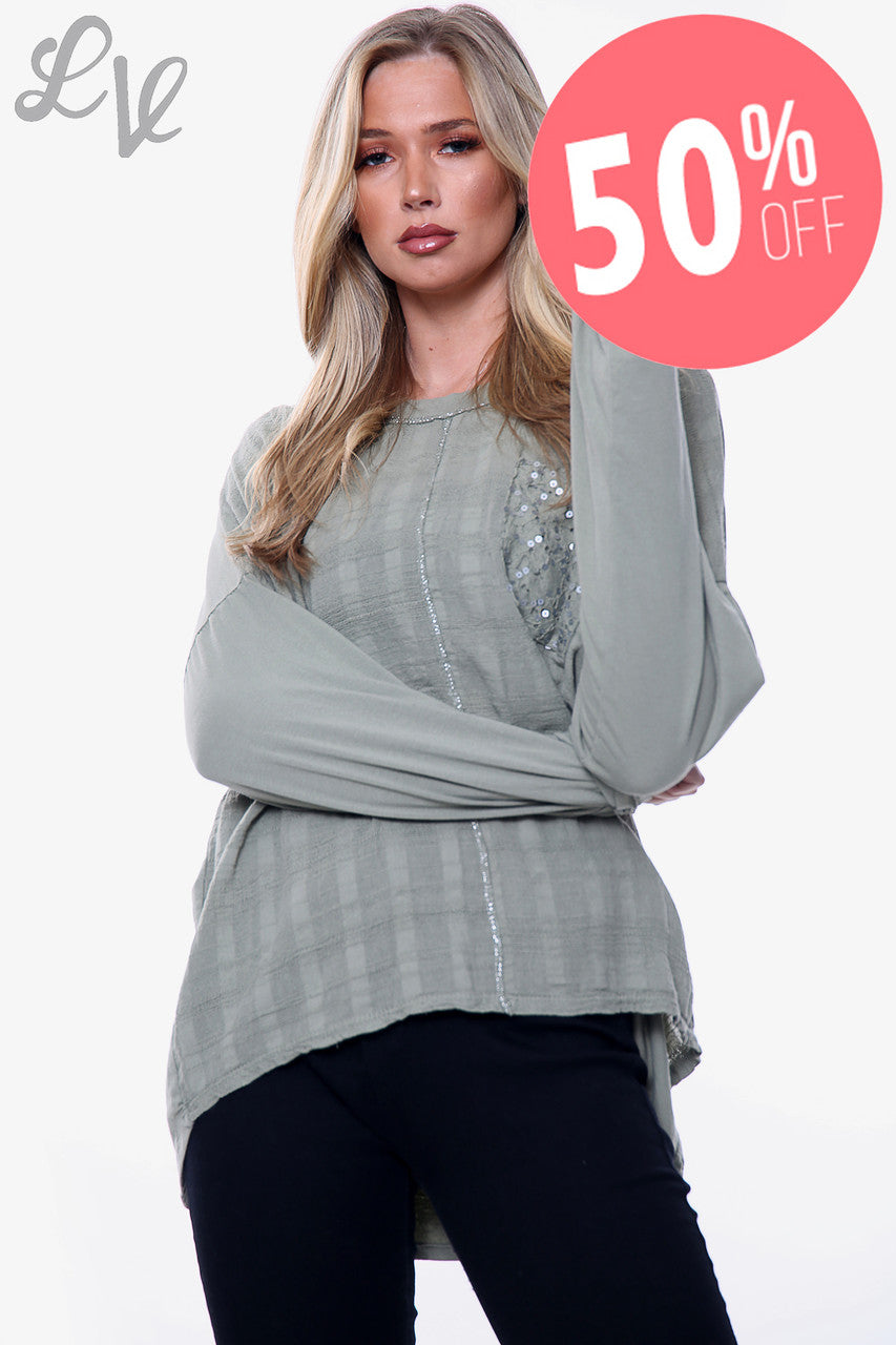 Dames Pailletten Geborduurde Zaktop Kaki Stukprijs WAS € 10,99 NU € 5,49