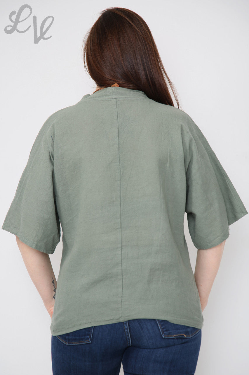 Dames Linnen Effen V-hals Top Met Ketting Khaki Eenheidsprijs €9,99