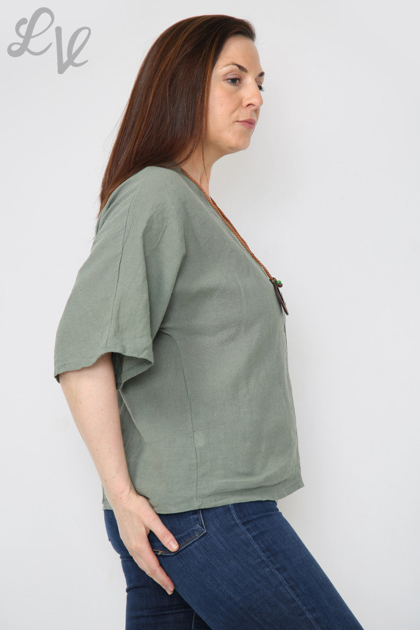 Dames Linnen Effen V-hals Top Met Ketting Khaki Eenheidsprijs €9,99