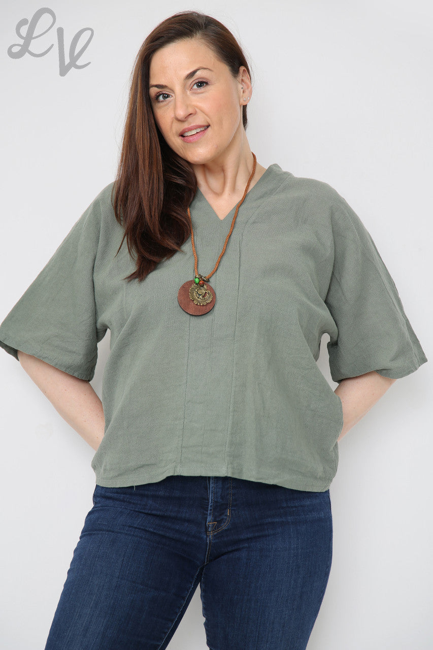 Dames Linnen Effen V-hals Top Met Ketting Khaki Eenheidsprijs €9,99