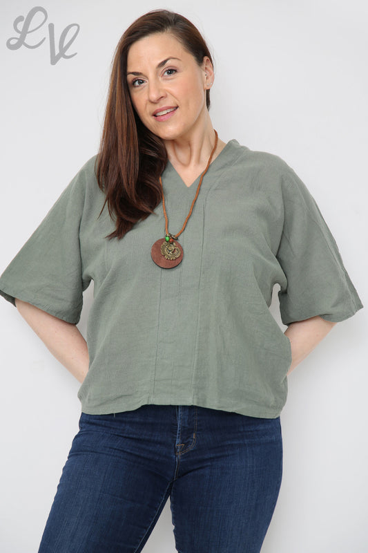 Ladies Linen Plain V-Neck Top With Necklace Khaki Unit Price £9.99