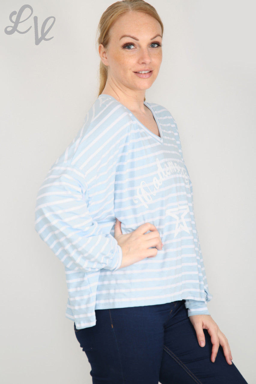 Dames Mademoiselle Star gestreepte top lichtblauw prijs WAS € 9,99 NU € 5