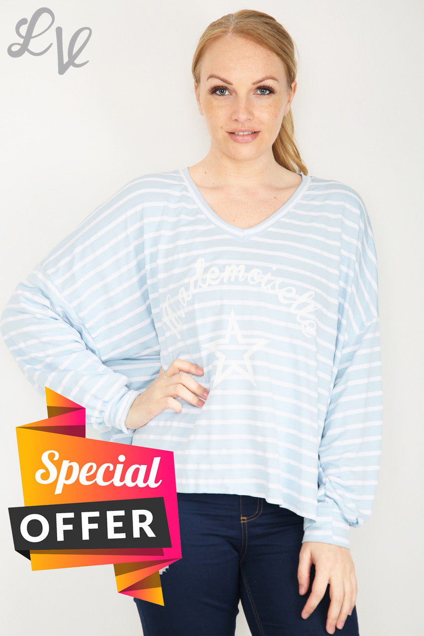 Dames Mademoiselle Star gestreepte top lichtblauw prijs WAS € 9,99 NU € 5