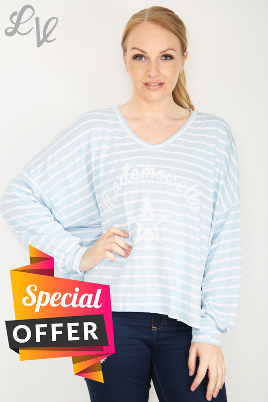 Ladies Mademoiselle Star Striped Top Light Blue Unit Price WAS £9.99 NOW £5