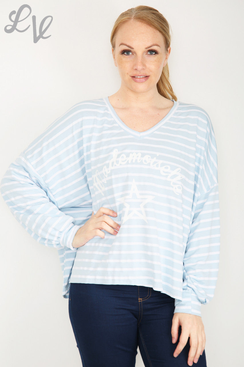 Dames Mademoiselle Star gestreepte top lichtblauw prijs WAS € 9,99 NU € 5