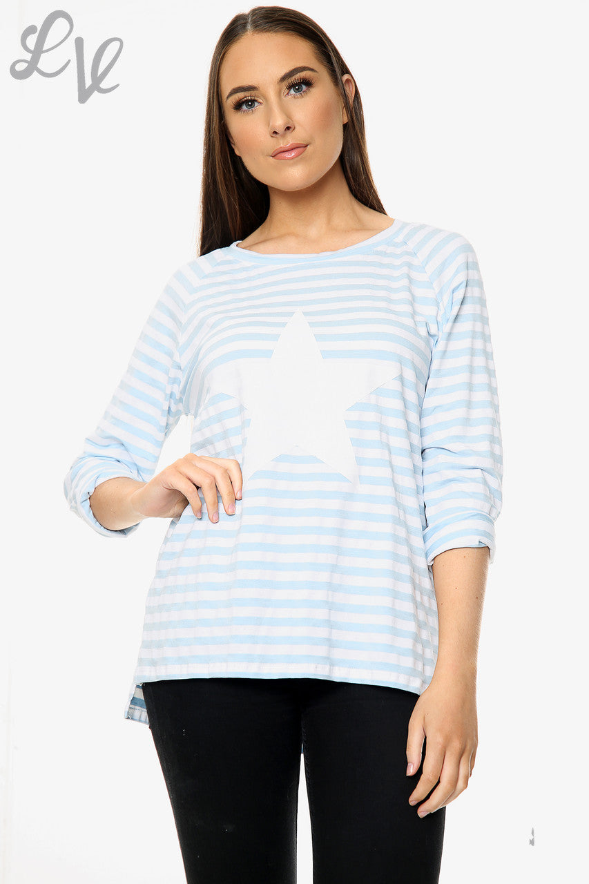 Dames Top met Sterrenstrepen Lichtblauw Stuksprijs WAS £9,99 NU £5