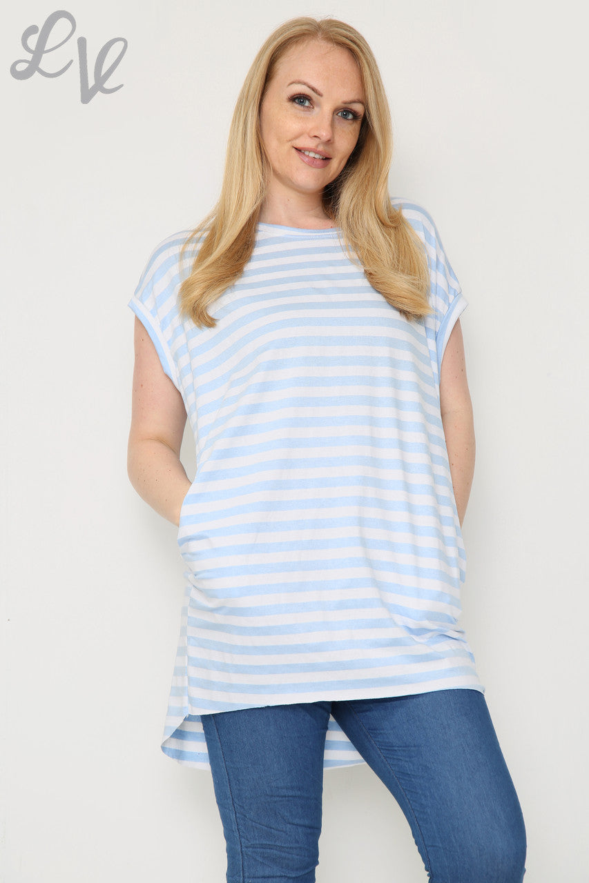 Dames top met korte mouwen en strepen lichtblauw Prijs per eenheid €8,99