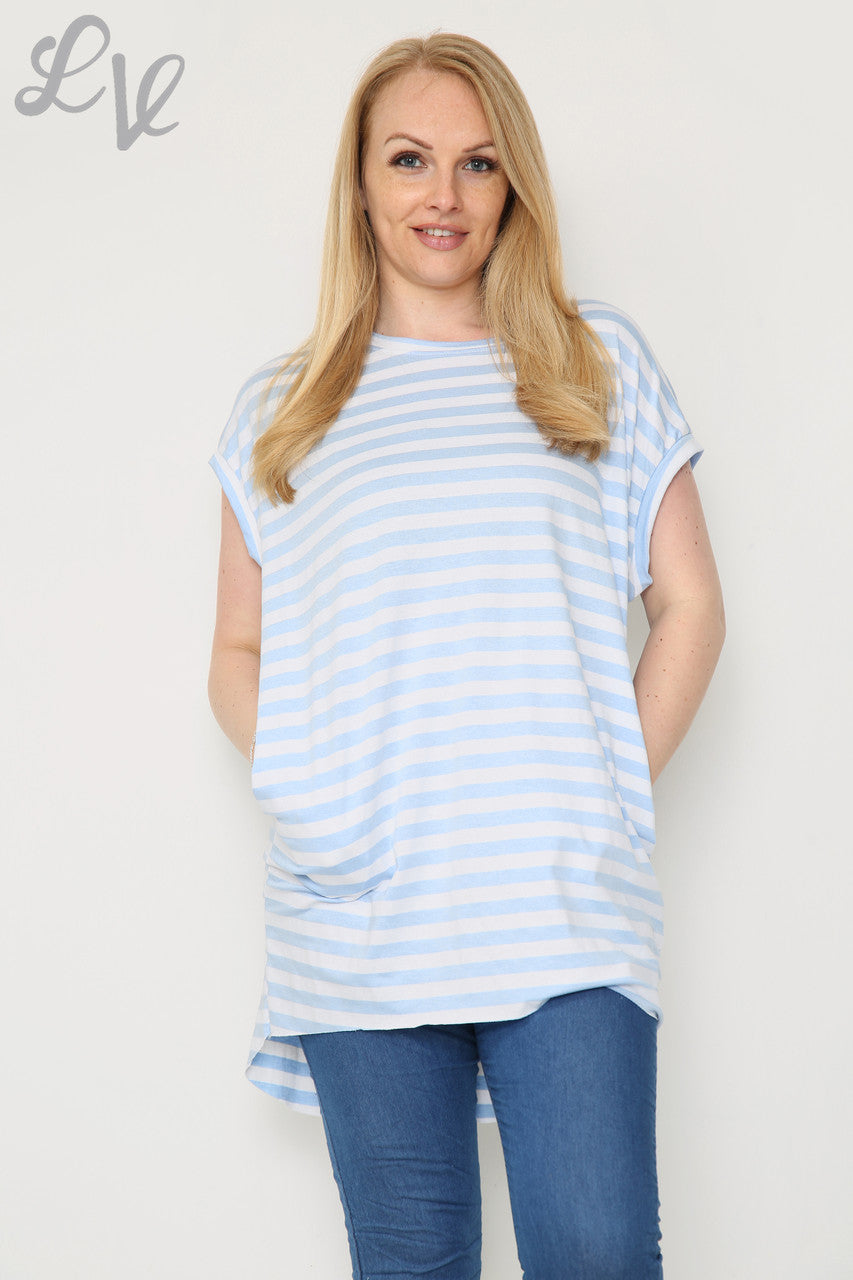 Dames top met korte mouwen en strepen lichtblauw Prijs per eenheid €8,99
