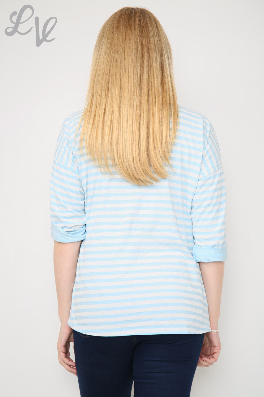 Ladies Striped Roll Sleeve Top Light Blue Unit Price £8.99