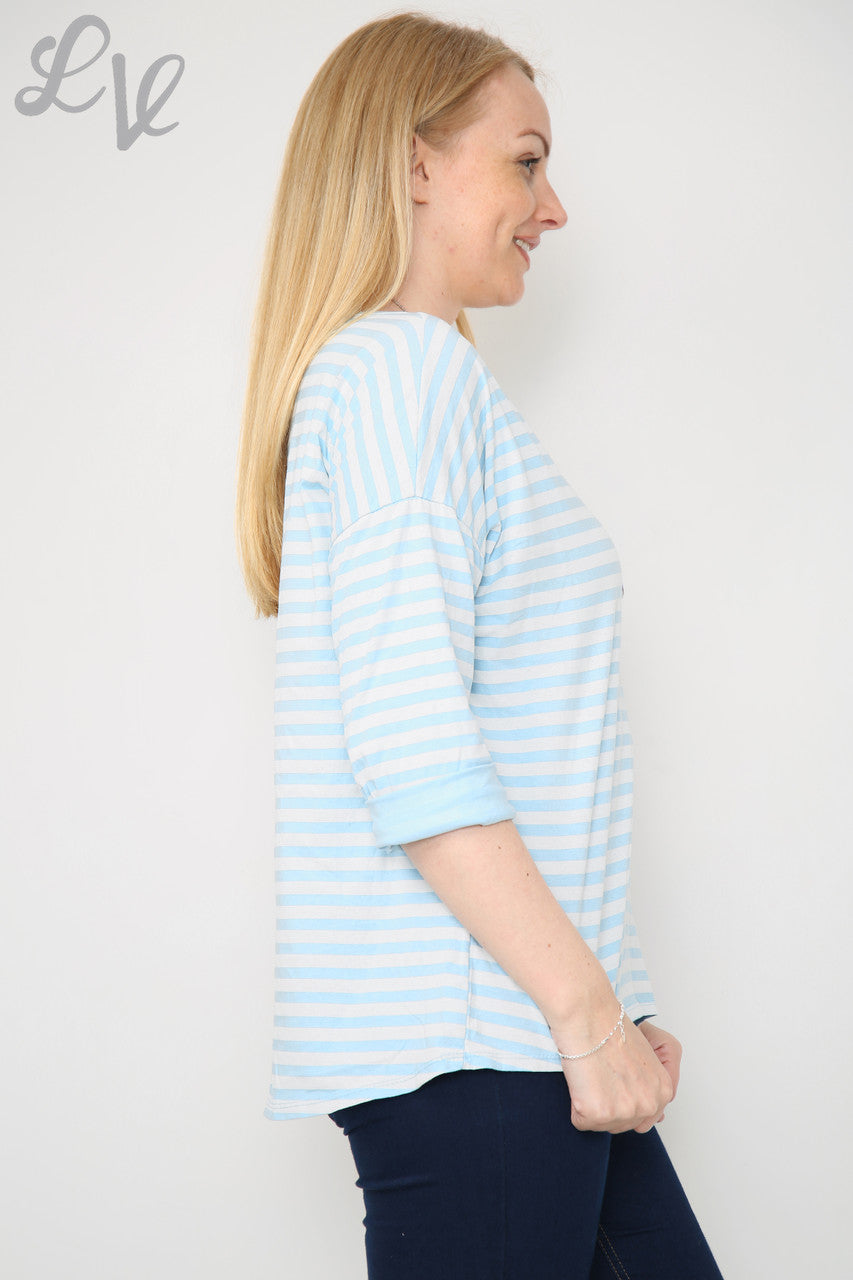 Ladies Striped Roll Sleeve Top Light Blue Unit Price £8.99