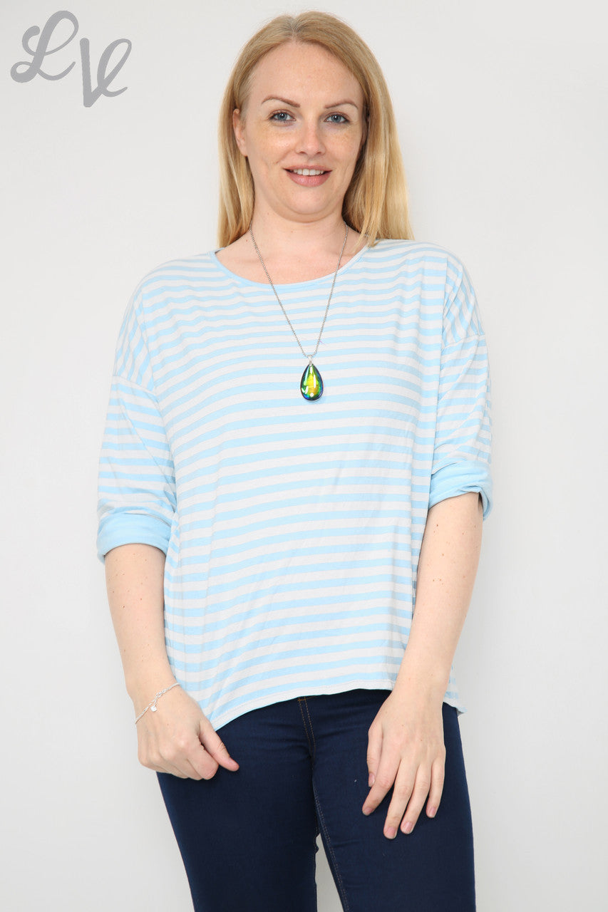 Ladies Striped Roll Sleeve Top Light Blue Unit Price £8.99