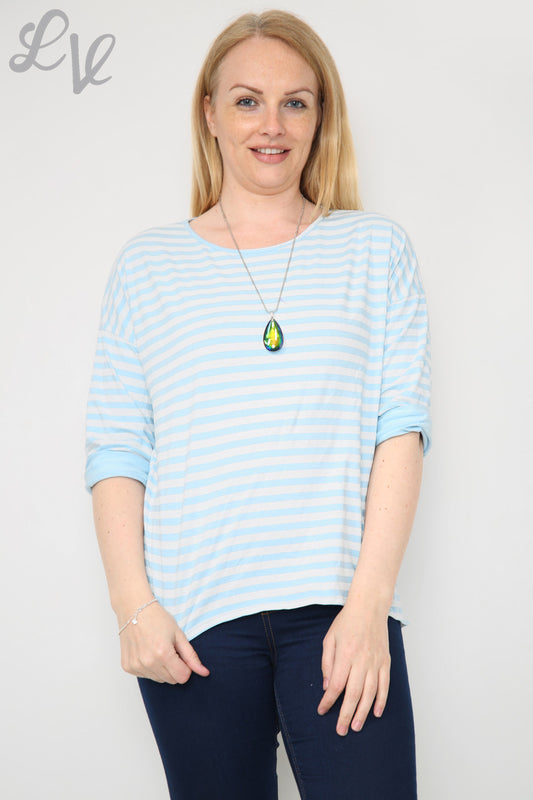 Ladies Striped Roll Sleeve Top Light Blue Unit Price £8.99