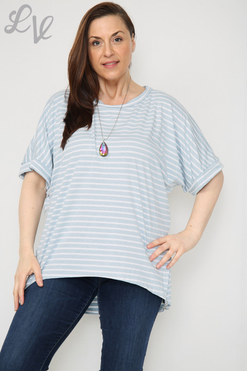 Dames gestreepte top met korte mouwen lichtblauw per stuk WAS £8,99 NU £5