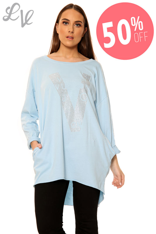 Ladies Diamante Love Top Light Blue Unit Price WAS £12.99 NOW £6.49