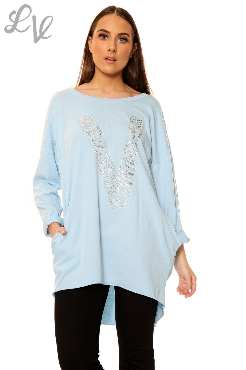 Ladies Diamante Love Top Light Blue Unit Price WAS £12.99 NOW £6.49