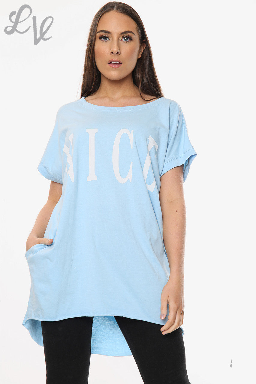Dames Top met leuke Slogan Lichtblauw Prijs per stuk € 6,99