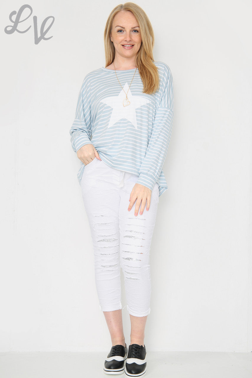 Dames gestreepte & sterrentop lichtblauw per stuk £ 8,99