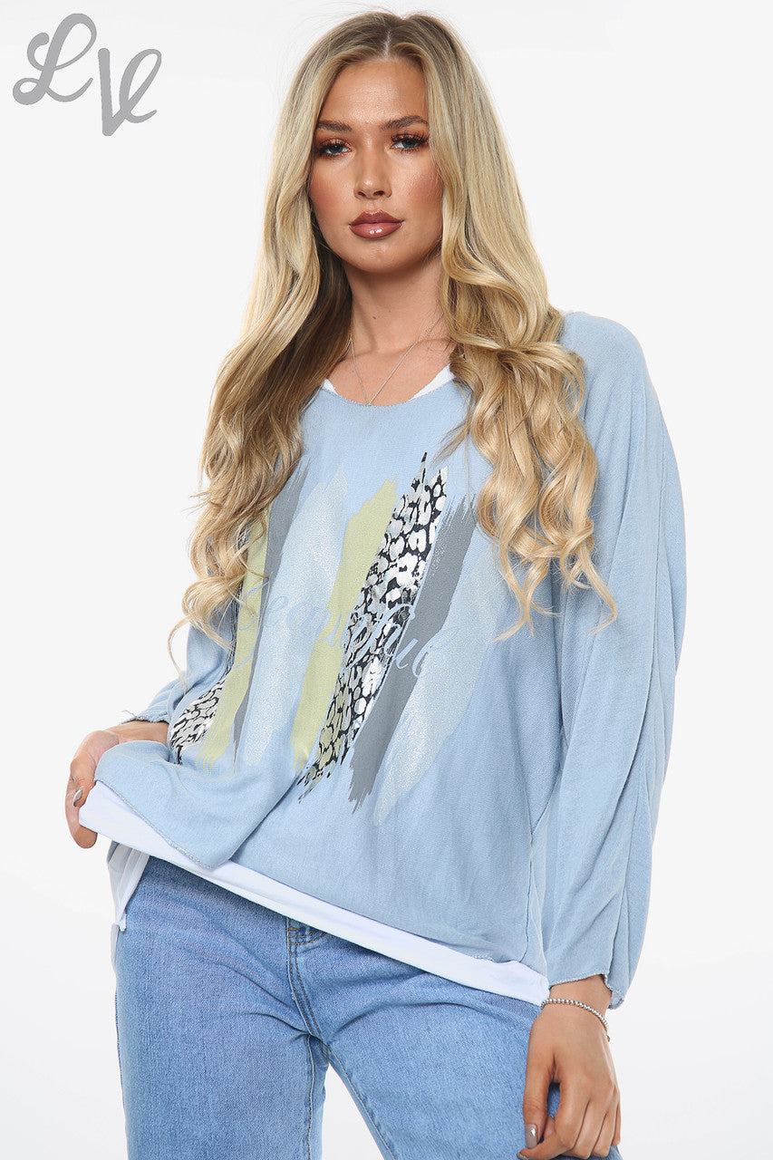 Dames Prachtige Top met Slogan en 2 Lagen Lichtblauw Stukprijs €10,99