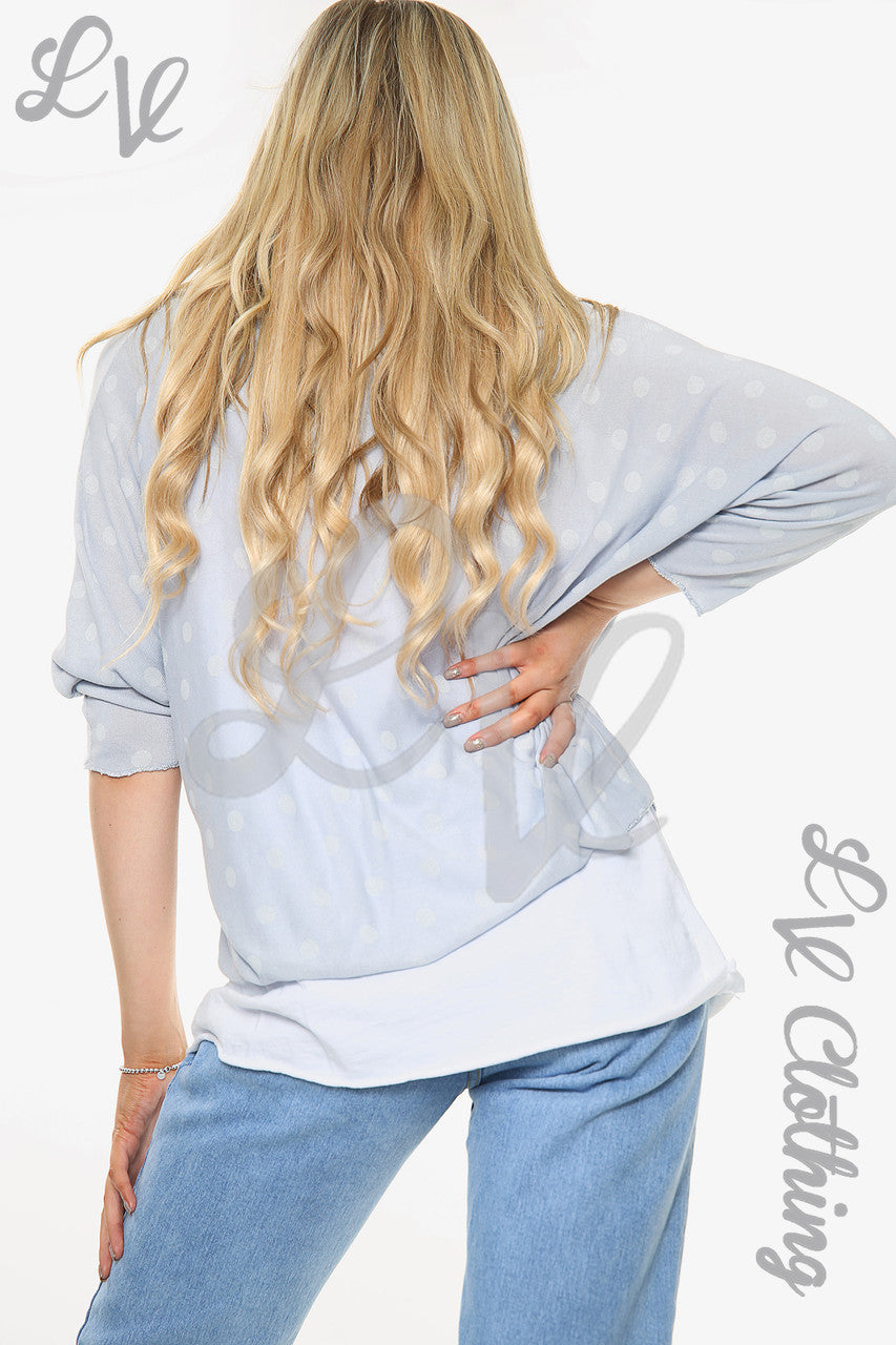 Dames Top Met Polkadotprint, 2 Lagen, Met Sjaal, Lichtblauw Stukprijs WAS € 13,99 NU € 6,99