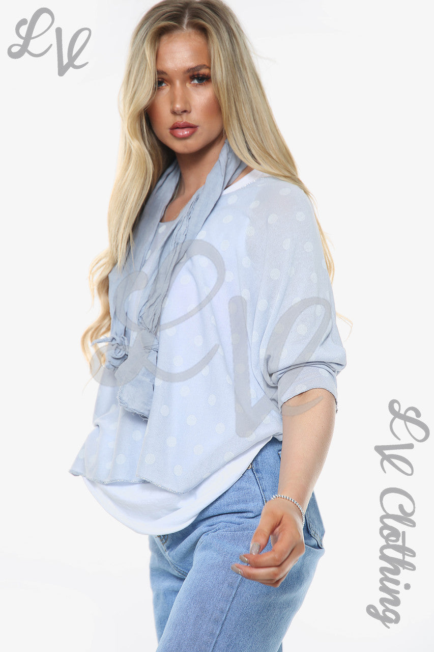 Dames Top Met Polkadotprint, 2 Lagen, Met Sjaal, Lichtblauw Stukprijs WAS € 13,99 NU € 6,99