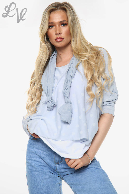 Ladies Polka Dot Print 2 Layer Top With Scarf Light Blue Unit Price WAS £13.99 NOW £6.99
