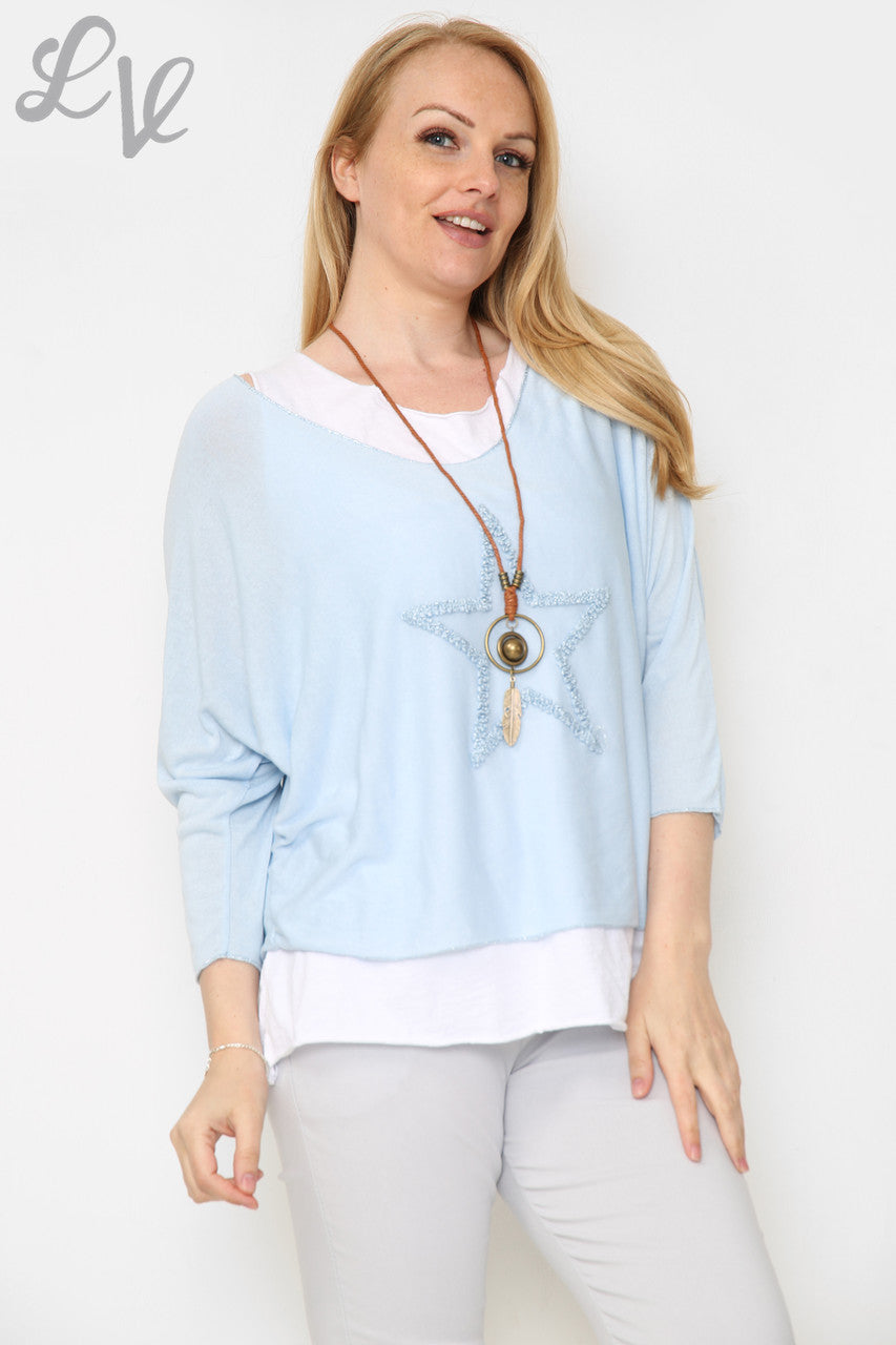 Dames Glitter Ster 2-Laags Top Met Ketting Lichtblauw Stukprijs €8,99