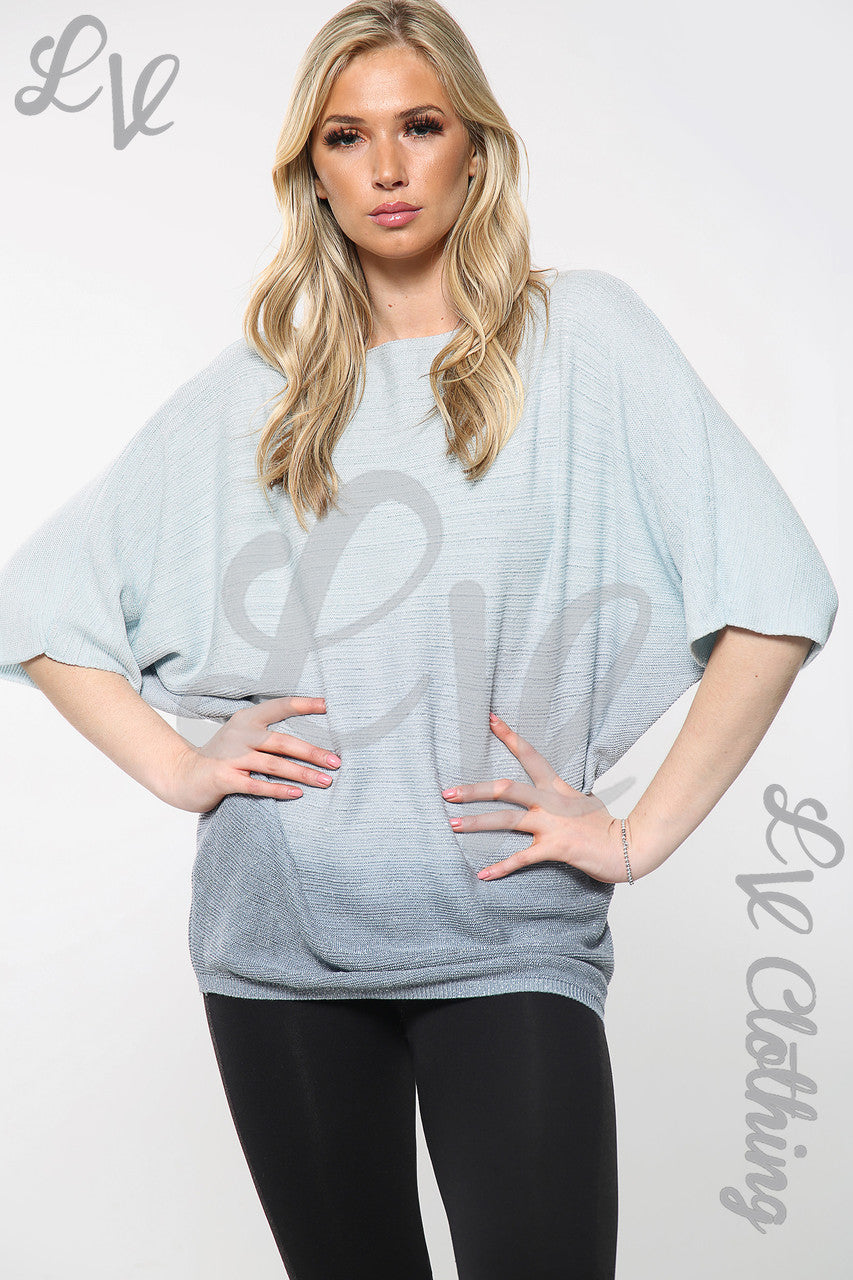Ladies Two Tone Fine Knitted Jumper Top Light Blue Unit Price £13.99