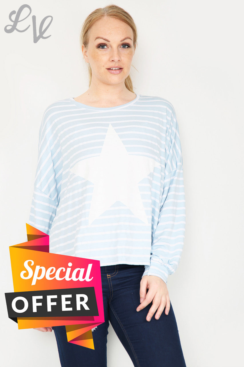 Ladies Stripe Star Long Sleeve Top Light Blue Unit Price WAS £9.99 NOW £5
