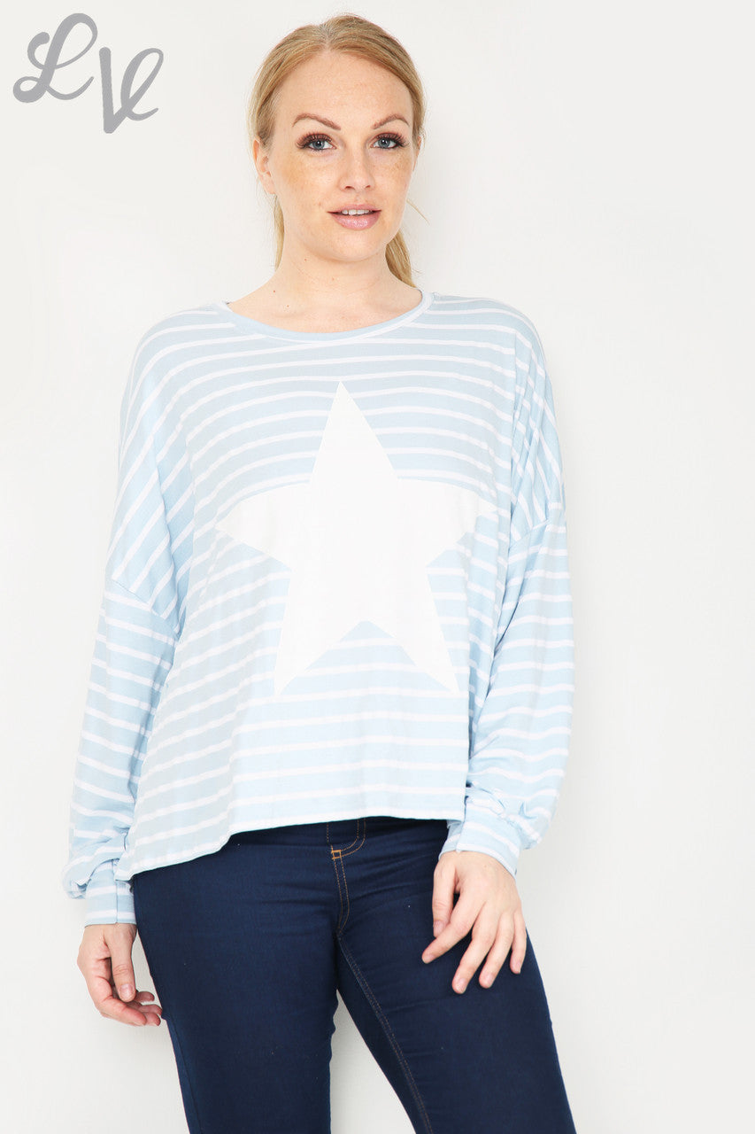Ladies Stripe Star Long Sleeve Top Light Blue Unit Price WAS £9.99 NOW £5