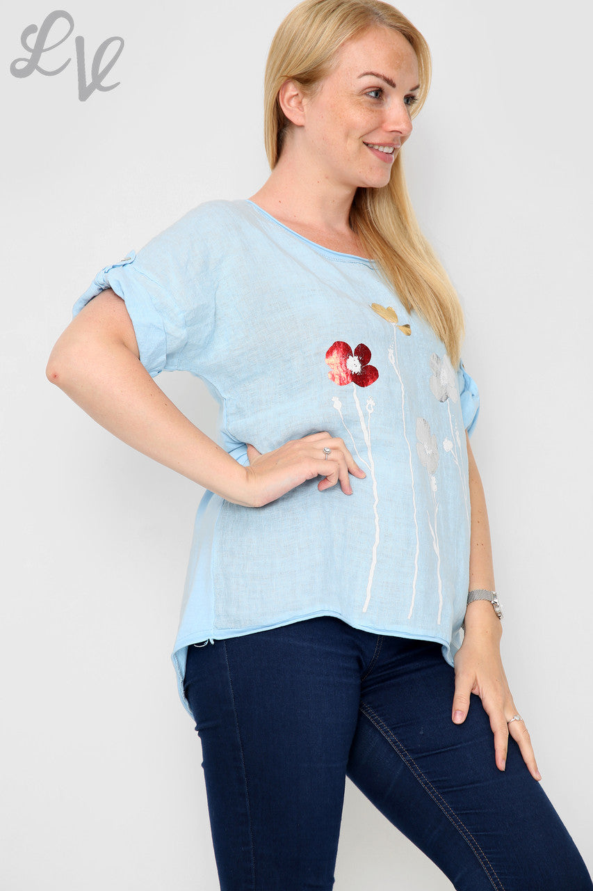 Ladies Foil Flowers Top Light Blue Unit Price £11.99