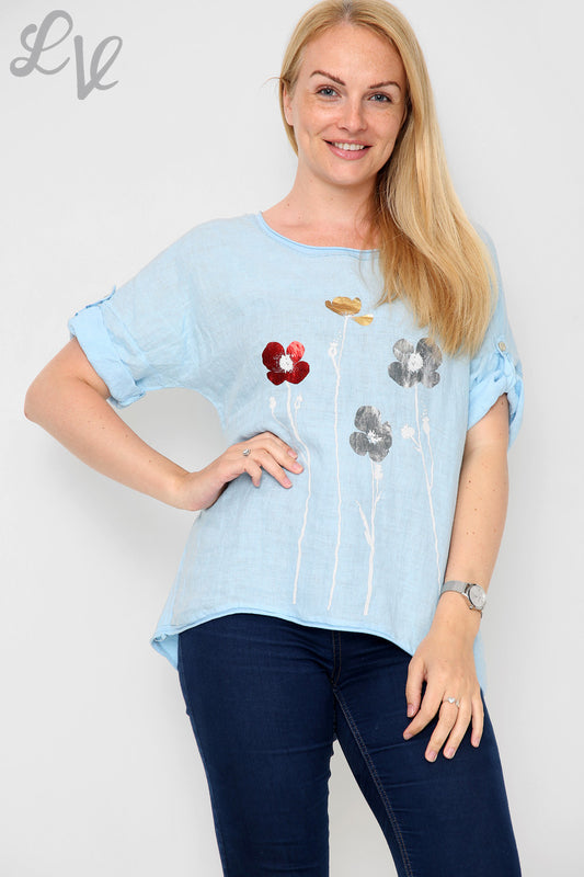 Ladies Foil Flowers Top Light Blue Unit Price £11.99
