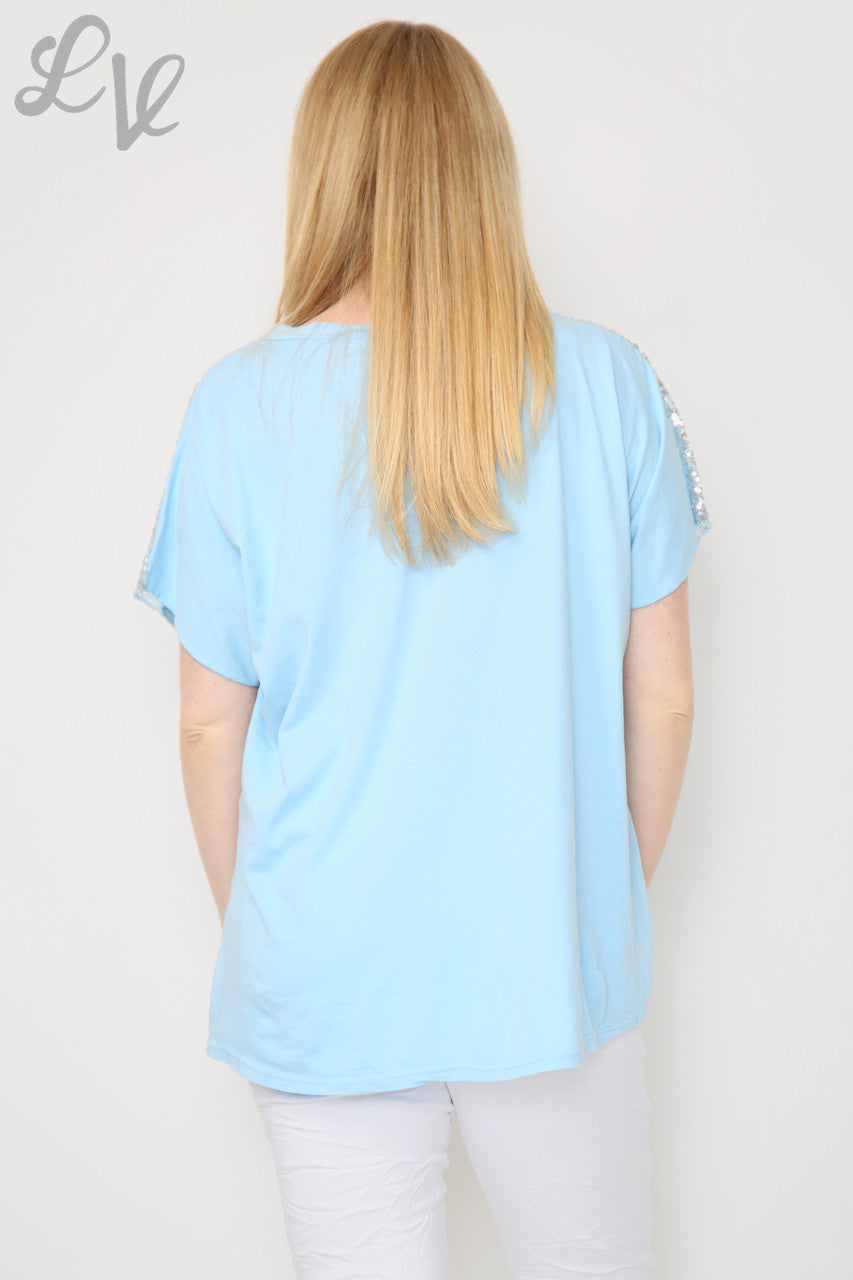 Dames pailletten top met hart en schouders lichtblauw eenheidsprijs €10,99