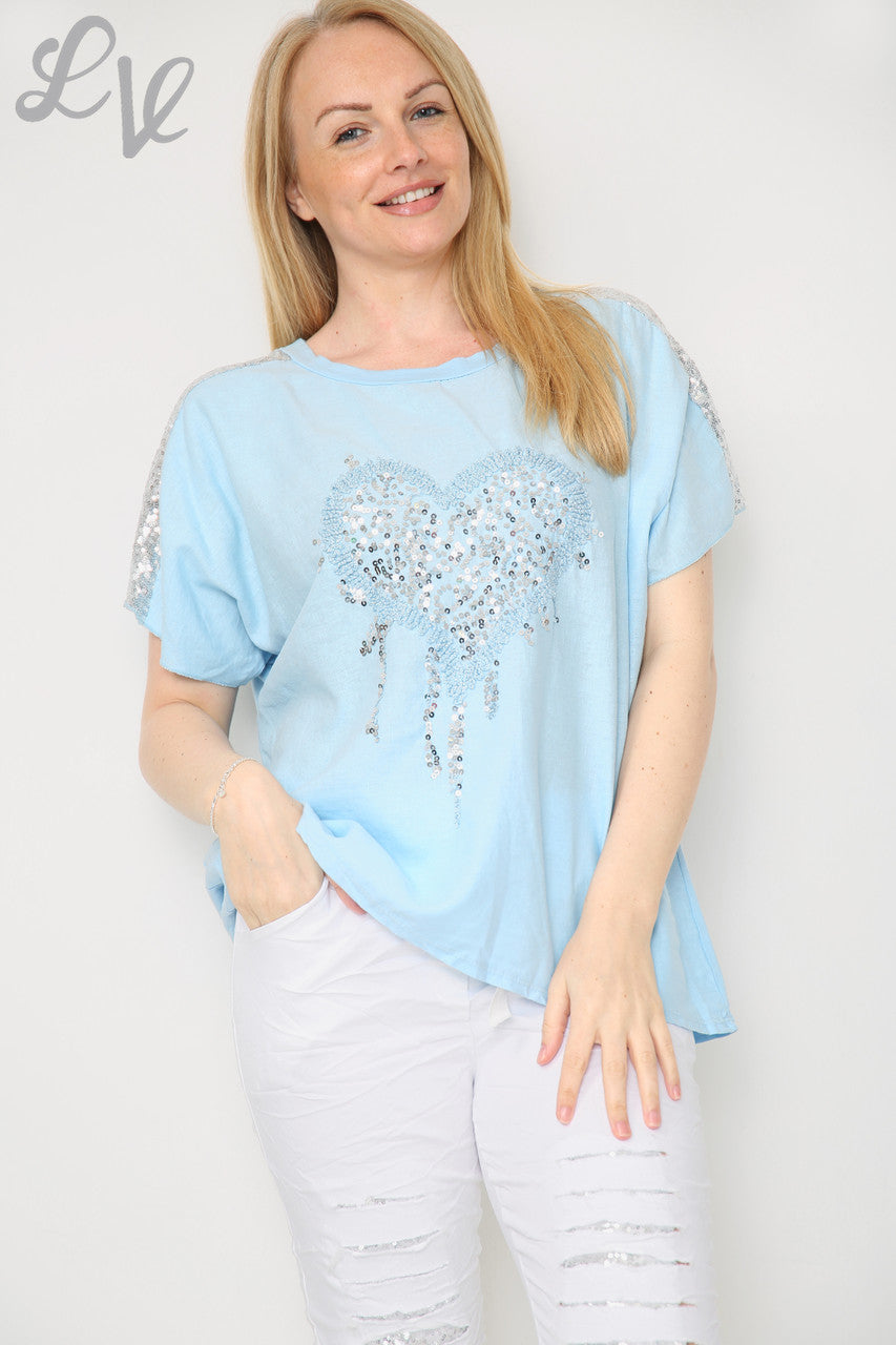 Dames pailletten top met hart en schouders lichtblauw eenheidsprijs €10,99