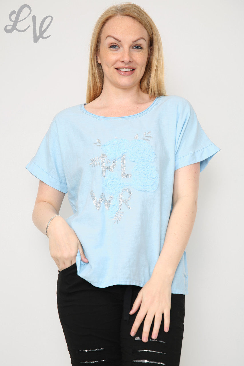 Dames Bloemen Pailletten & Applicatie Top Lichtblauw Stukprijs €8,99