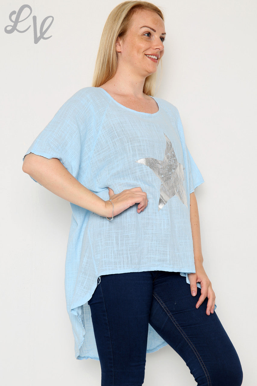 Ladies Foil Star Floaty Top Light Blue Unit Price £9.99