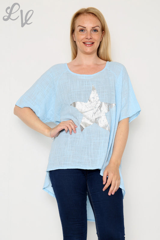 Ladies Foil Star Floaty Top Light Blue Unit Price £9.99
