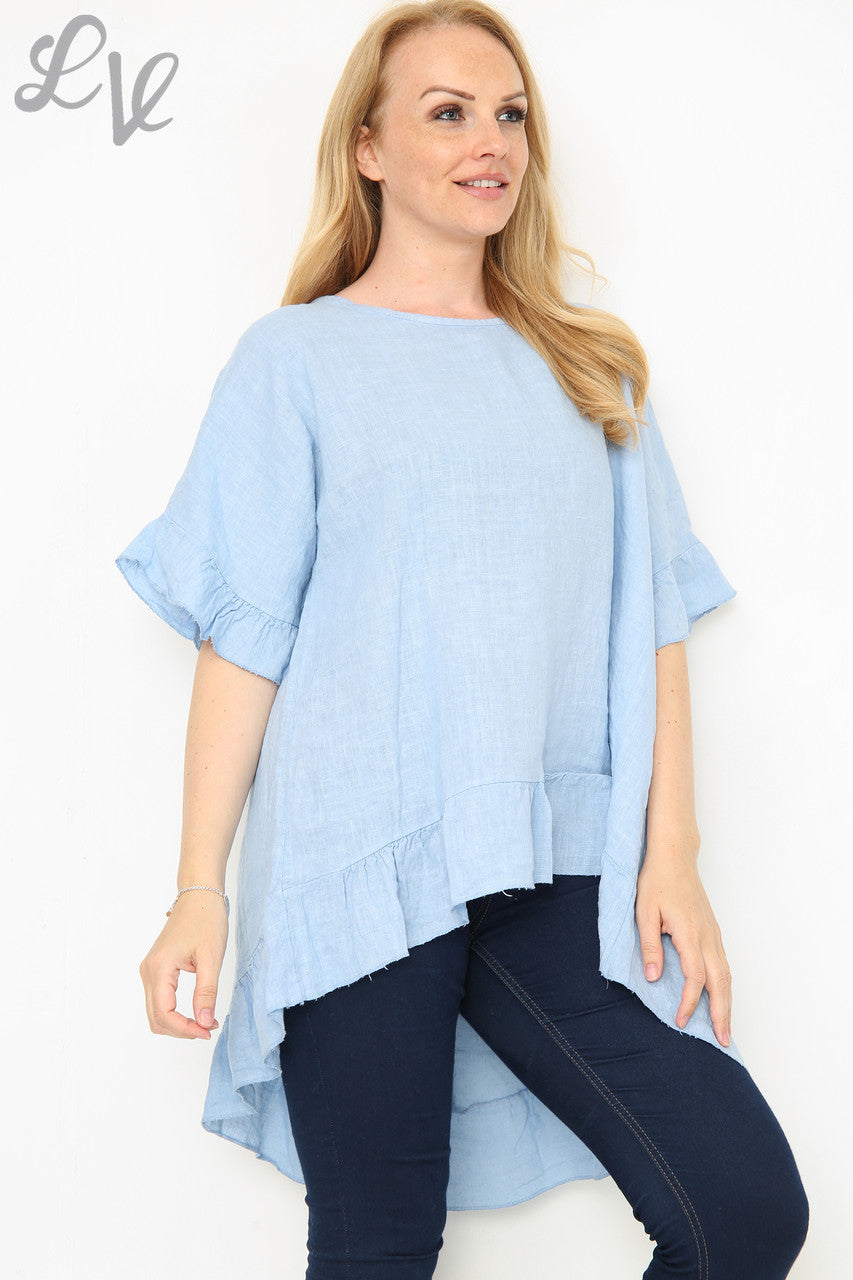 Damesblouse met ruches aan de zoom en knoopsluiting op de rug, lichtblauw, eenheidsprijs € 13,99