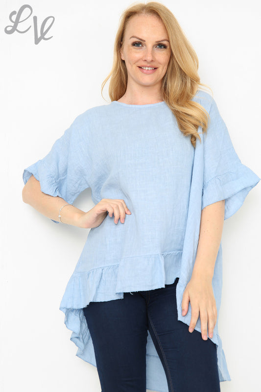 Ladies Frill Hemline Button Back Top Light Blue Unit Price £13.99