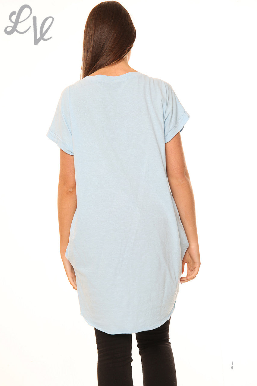 Dames Linnen Voorkant & Katoenen Achterkant Folie Hartjes Top Lichtblauw Stukprijs £7.99