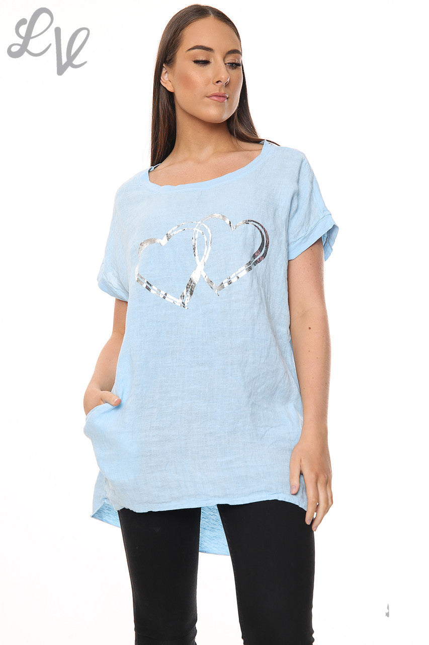 Dames Linnen Voorkant & Katoenen Achterkant Folie Hartjes Top Lichtblauw Stukprijs £7.99