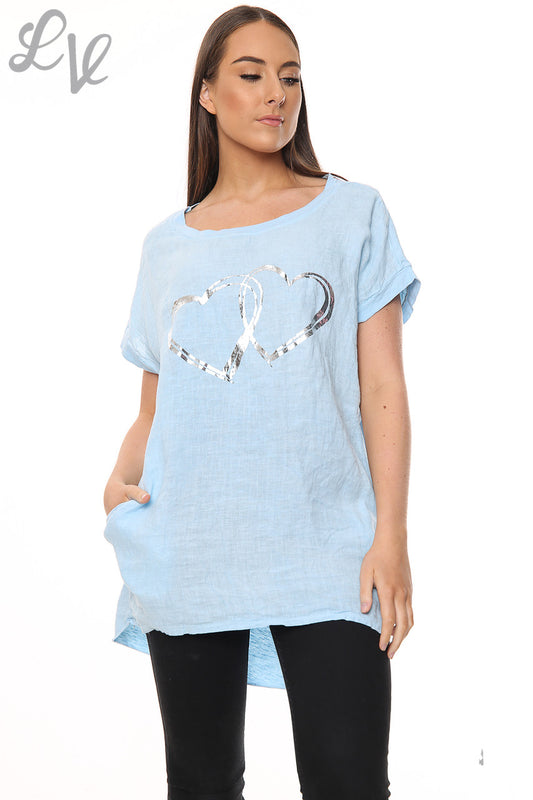 Ladies Linen Front & Cotton Back Foil Hearts Top Light Blue Unit Price £7.99