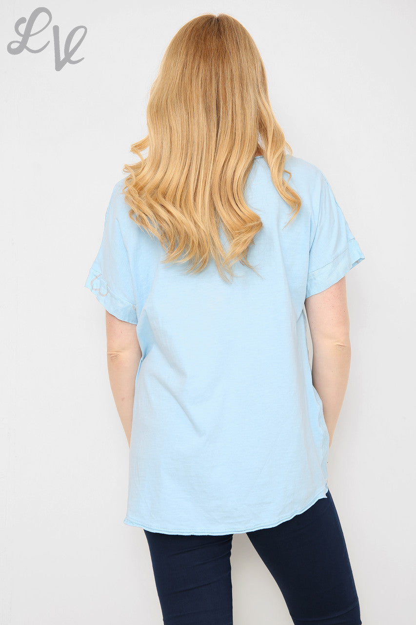 Ladies Glitter Heart Print Top Light Blue Unit Price £9.99