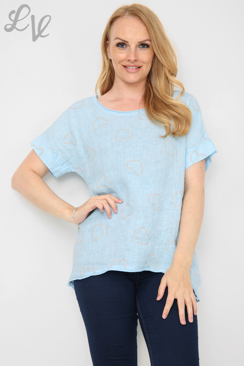 Ladies Glitter Heart Print Top Light Blue Unit Price £9.99