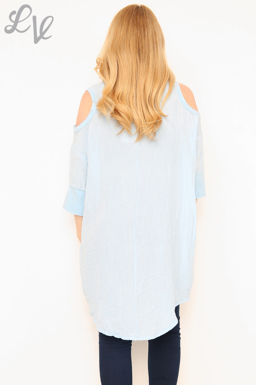 Dames Top met Open Schouder Lichtblauw Prijs per Stuk €9,99
