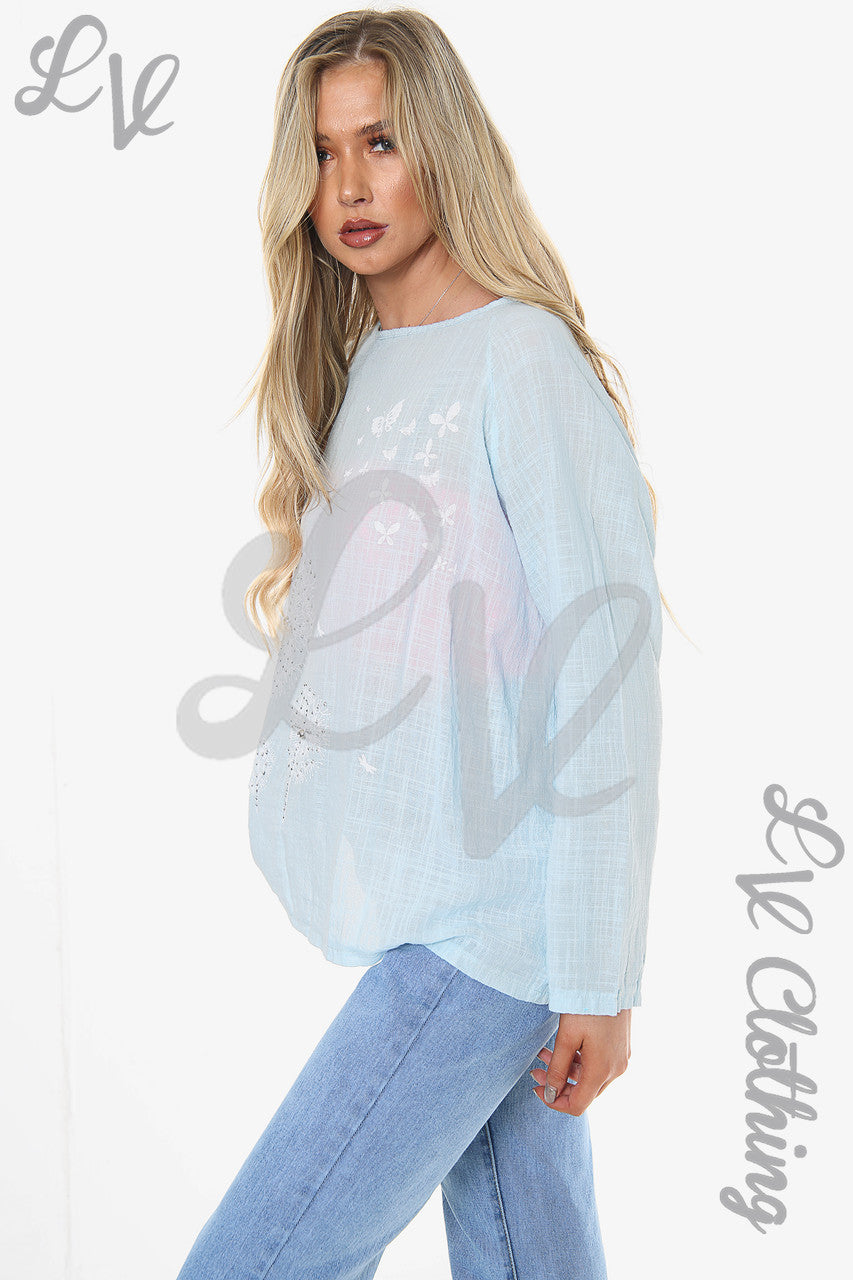 Dames Paardebloem Top Lange Mouwen Lichtblauw Eenheidsprijs € 10,99